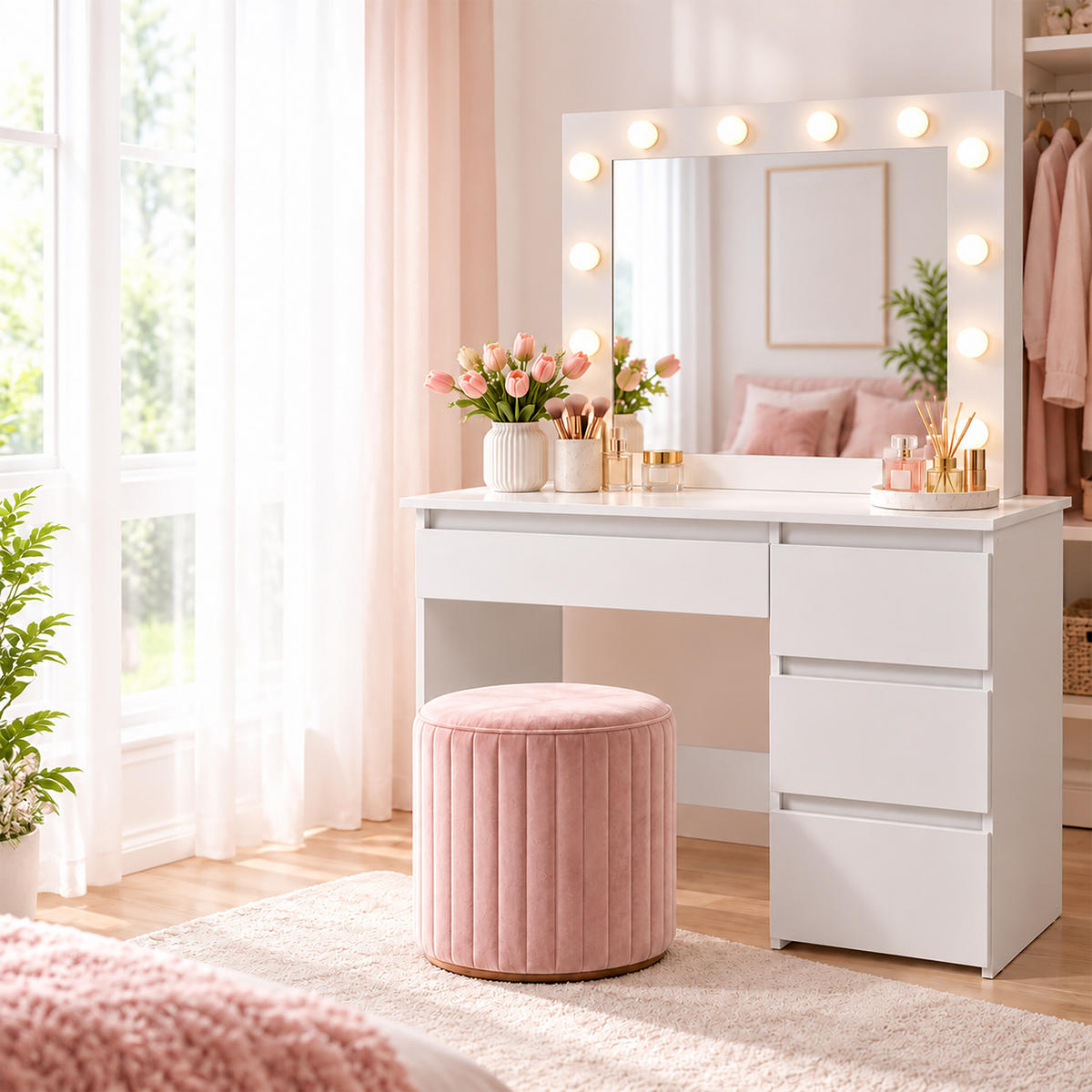 TOALETKA Bílá hollywoodské zrcadlo osvětlení 12 LED 4 zásuvky - bílá, kompozitní dřevo/sklo (94/140/43cm) - Relaxdays