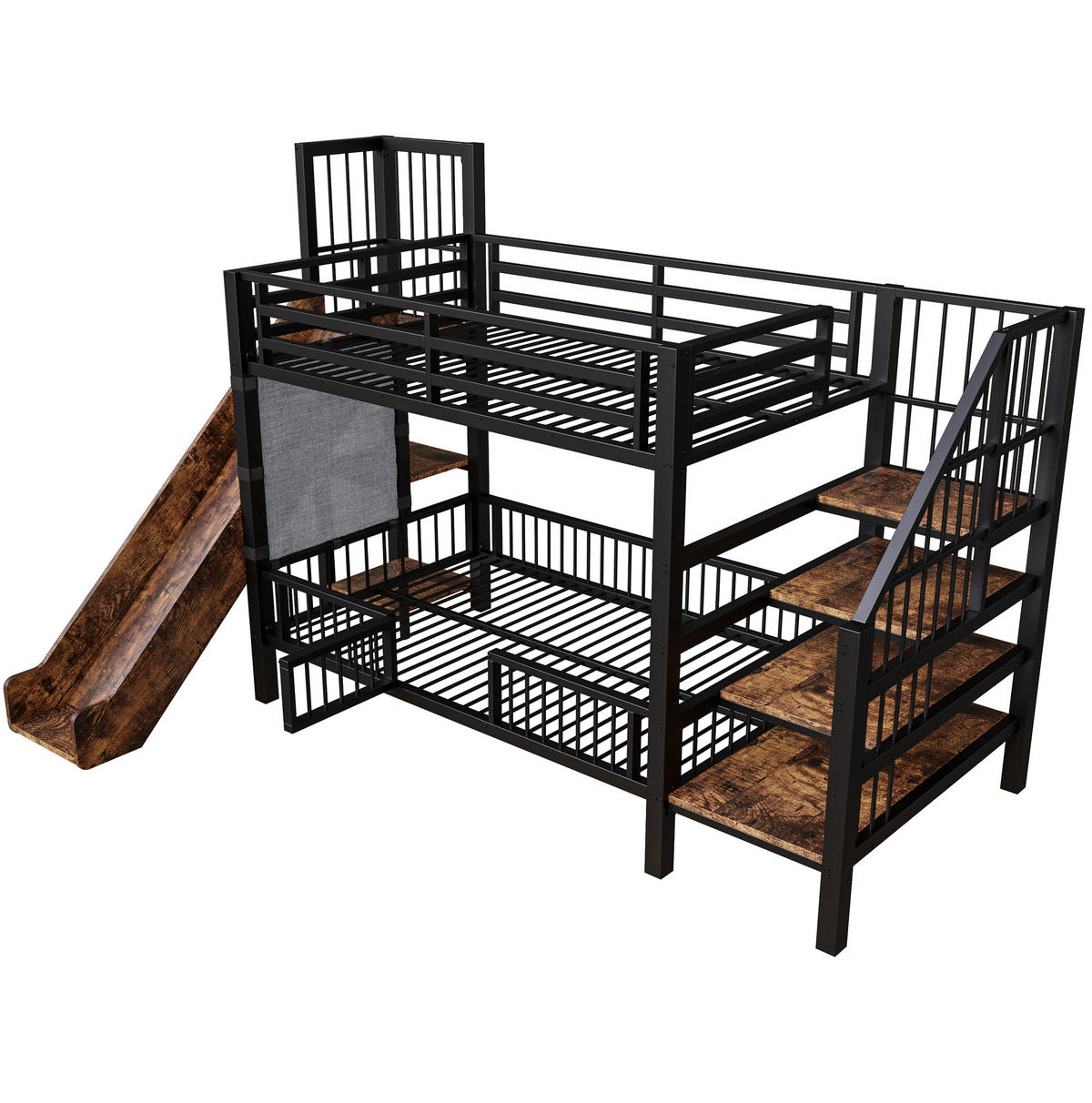 ETAGENBETT aus Metall 90x200 cm in Schwarz mit Rutsche & Stauraumtreppe - Schwarz, Metall (90/200cm) - Modfu