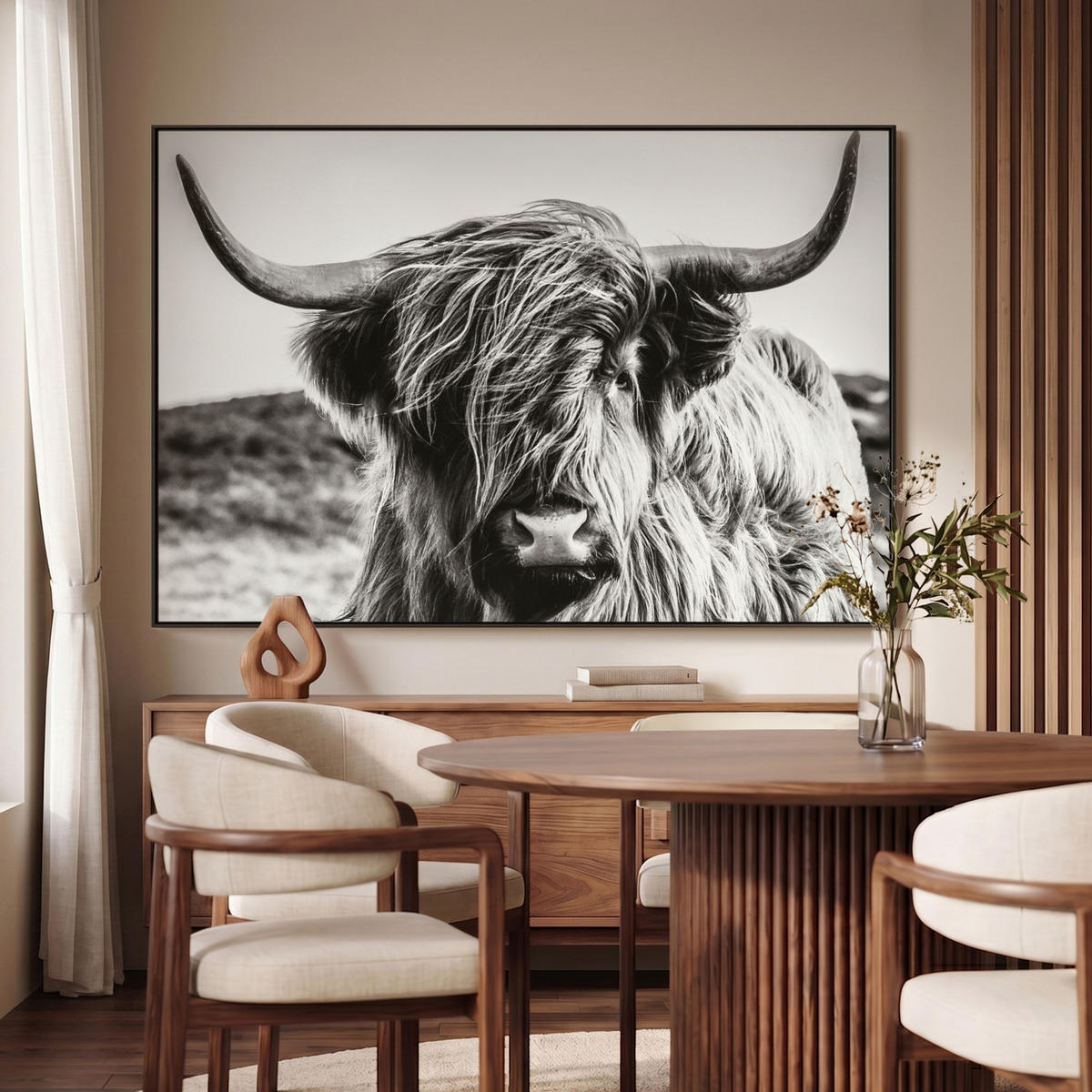 LEINWAND Bilder mit Rahmen - Kuh - Schottischer Hochländer - Schwarz - Weiß - Tier - Natur - Wildtiere - 140x90 - Schwarz, Textil (140/90cm) - MuchoWow