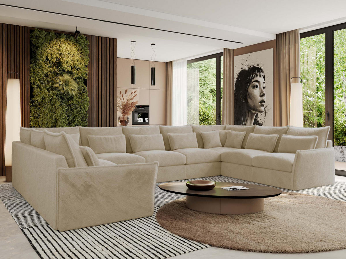 WOHNLANDSCHAFT VERSO U 9M Creme Plüsch - Beige/Creme, Kunststoff/Textil (442/93/270cm) - MKS