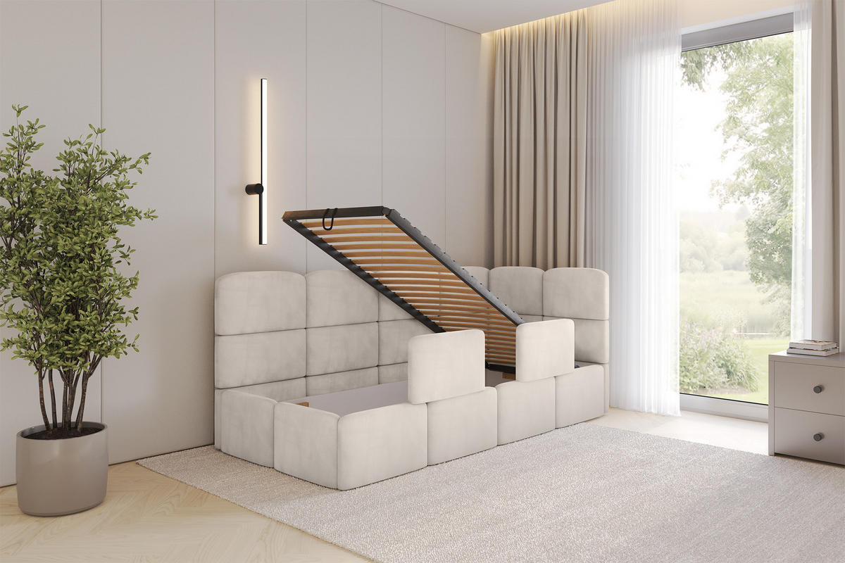 EINZELLBETT Jugendbett mit Bettkasten, Links - KIVY 90x200 Beige - Beige, Holzwerkstoff/Textil (90/200cm) - ALTDECOR