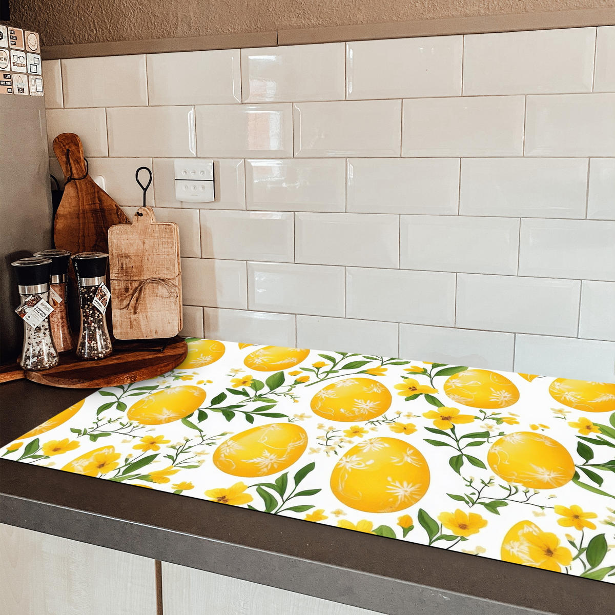 HERDABDECKPLATTE Blumen - Ostereier - Gelb Induktionsschutz 91.6x52.7 cm - Gelb, Kunststoff (91.6/52.7/0.2cm) - MuchoWow