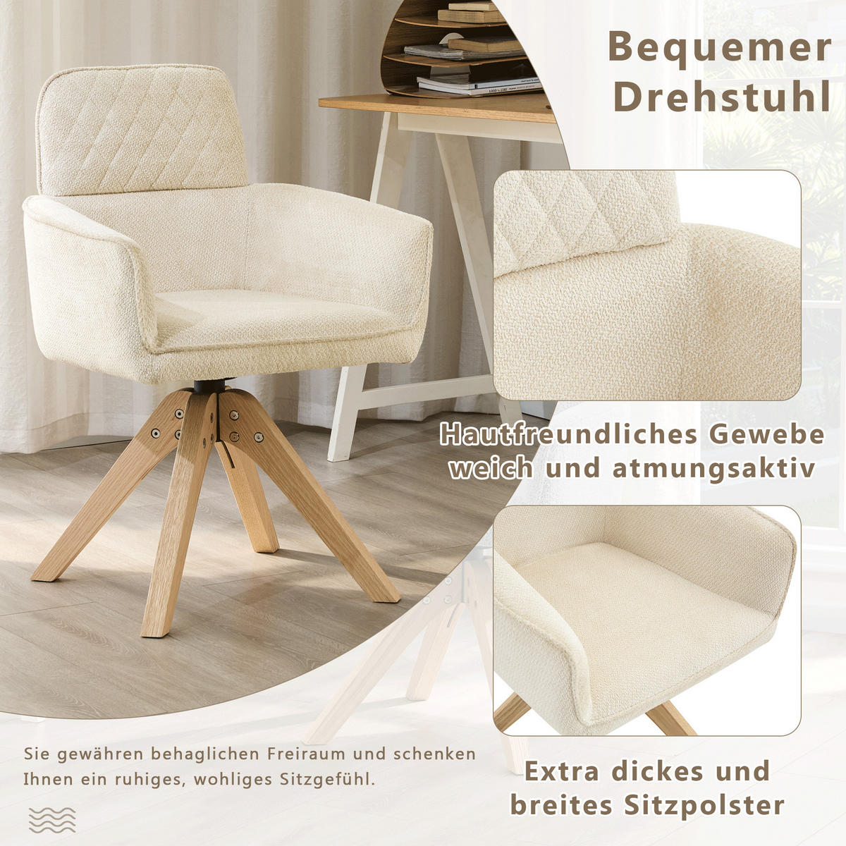 ARMLEHNSTUHL-SET DE-36622 2 Stück mit Stoffbezug und Massivholzbeinen Creme - Creme, Holz (51/85/53cm) - ComfortXL