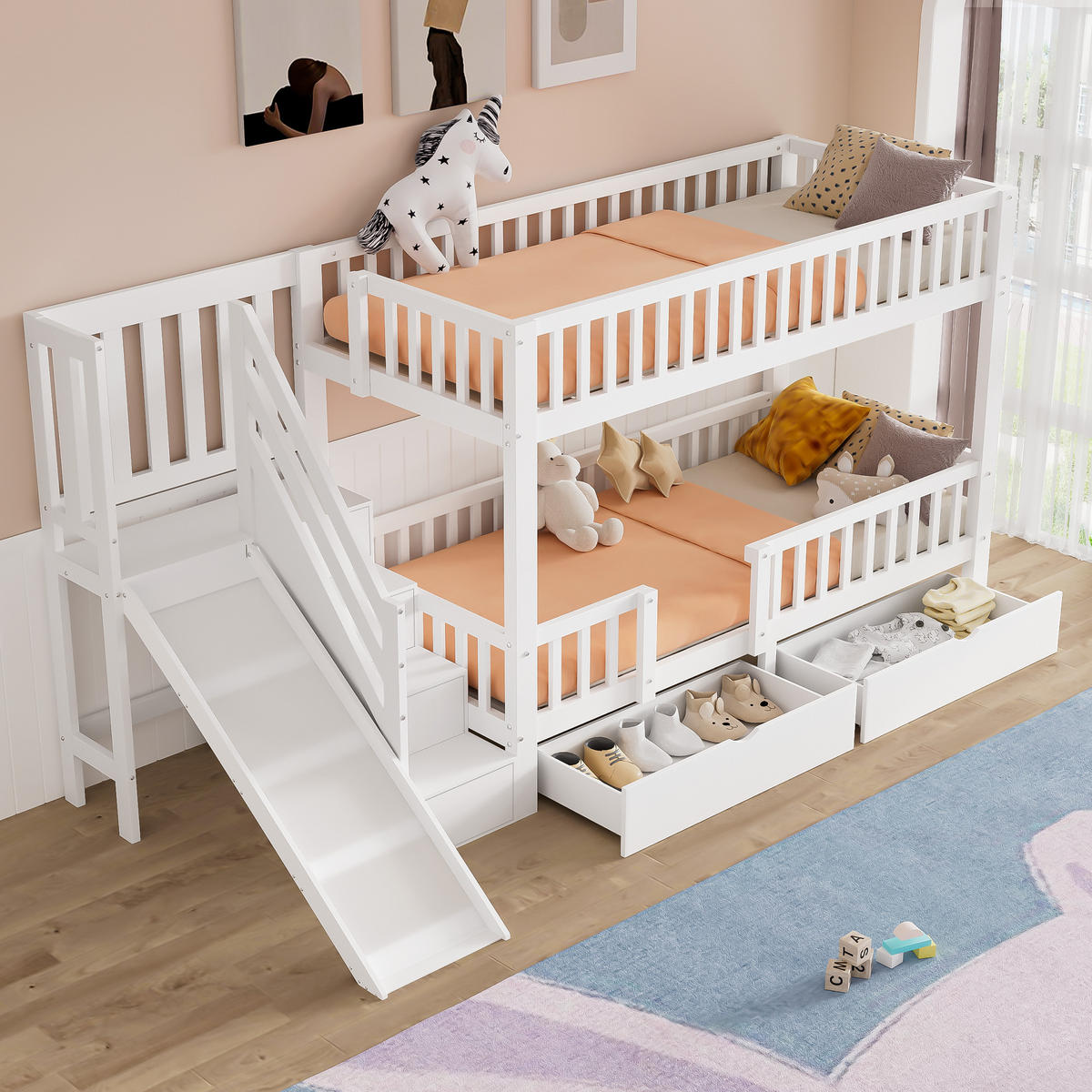 KINDERBETT 90x200cm Weiß Mit Rutsche & Magnetischer Tür - Weiß, Holzwerkstoff (90/200cm) - FLIEKS