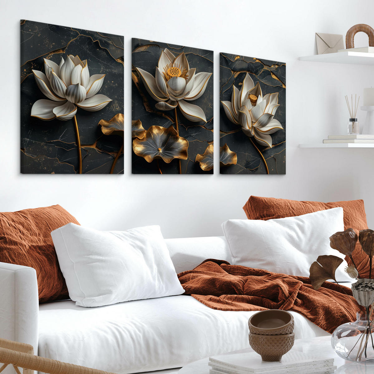 LEINWANDBILDER 3-es Set Blumen 3D Marmor - Schwarz/Weiß, Textil (90/40cm) - Muralo