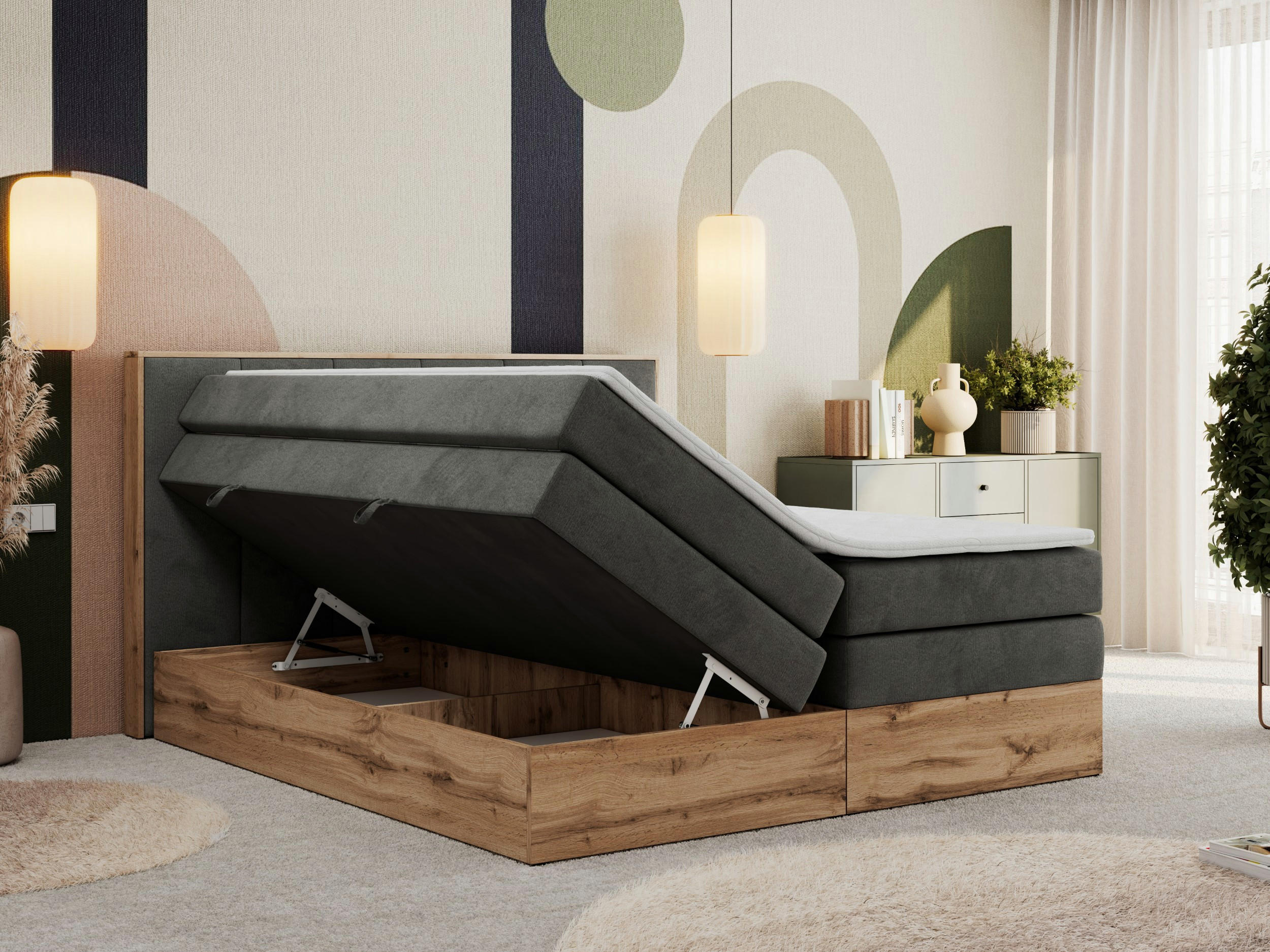 Thumbnail - MKS Boxspringbett, Dunkelgrau, Textil, 2-Sitzer, H4, Rechteckig, 180x200 cm, Oeko-Tex®, Schlafzimmer, Betten, Boxspringb...