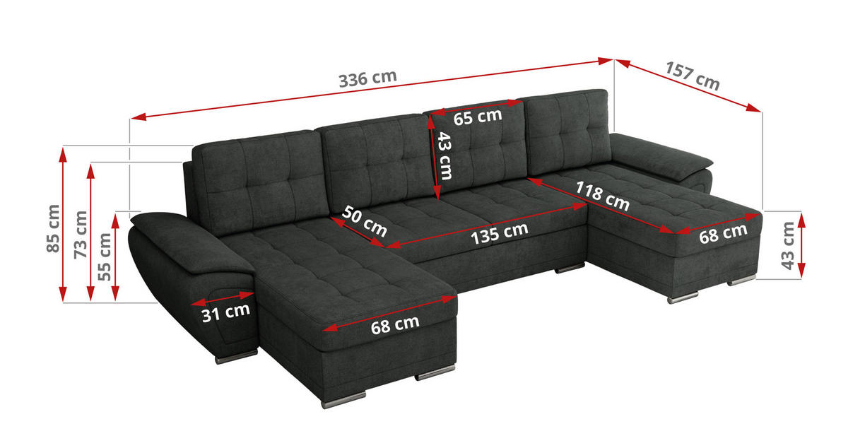 WOHNLANDSCHAFT UMBRIA U Dunkelgrau Stukture - Dunkelgrau/Grau, Textil/Metall (336/85/157cm) - MKS