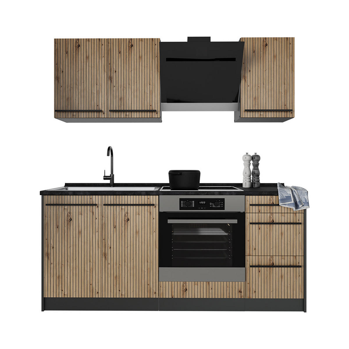 ENOTNA KUHINJA R-Line, Obrtniški hrast/Antracit, 180 cm pracovní deska Zlatý mocný dub - antracit/hrast artisan, leseni material (180/206.8/60cm) - Vicco