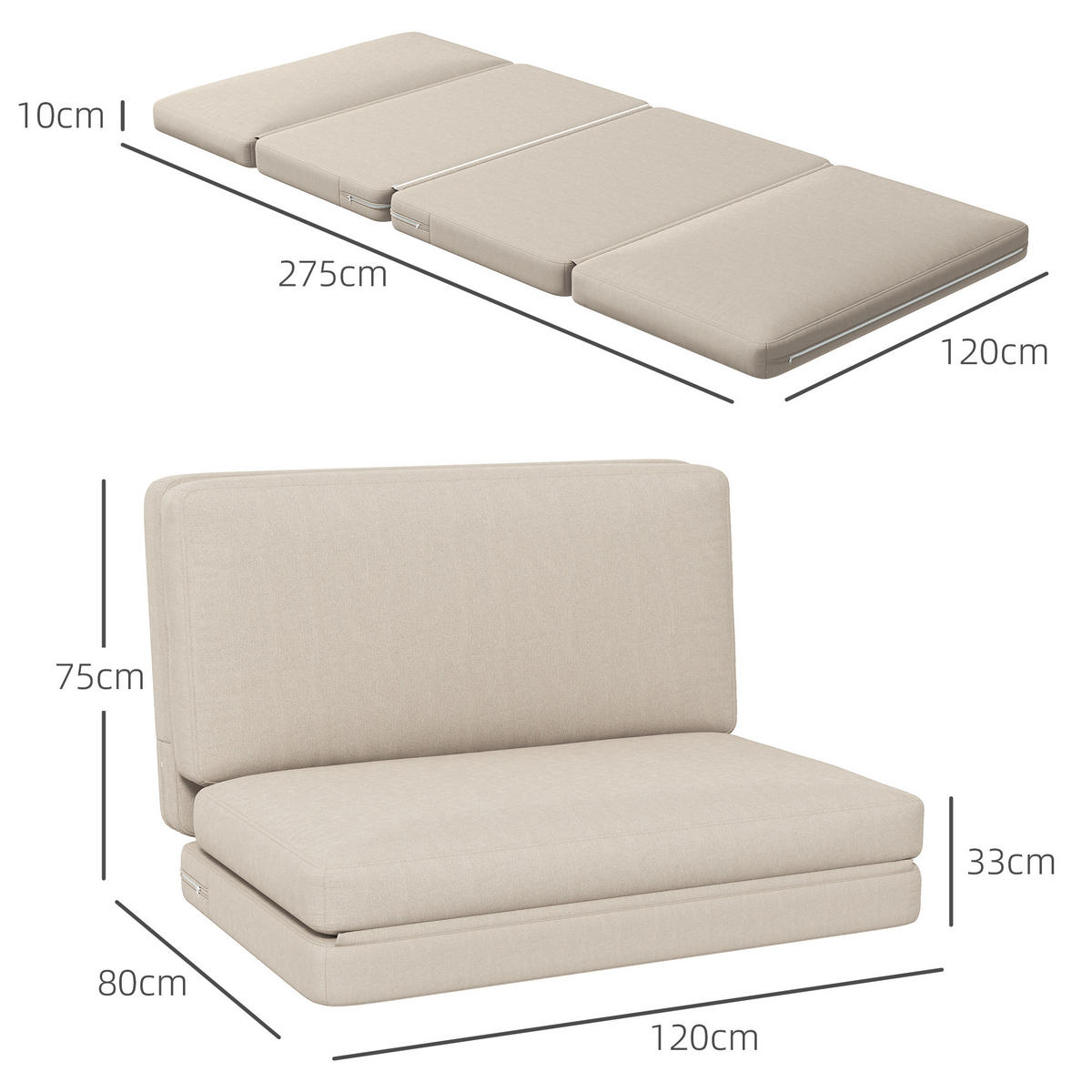 BODENSOFA 3-in-1 Klappbar Schlafsofa mit Samtoptik für Schlafzimmer, Wohnzimmer - Beige, Textil (120/10/275cm) - HOMCOM