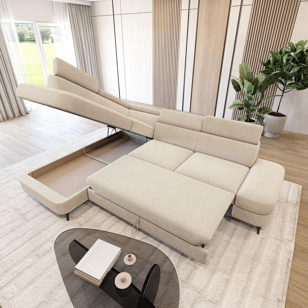 ECKSOFA AVISE Q L-S Creme Boucle-Stoff mit Schlaffunktion - Creme, Holzwerkstoff/Textil (268/195cm) - MASSENO