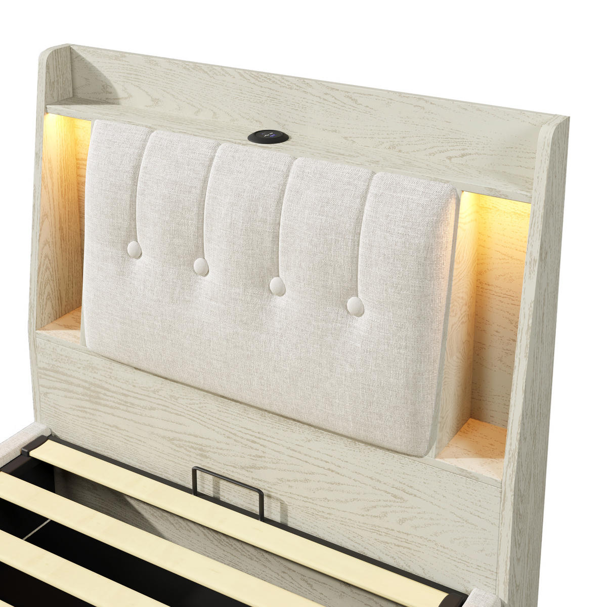 POLSTERBETT 90x200cm Beige USB-C LED-Licht App-Steuerung Leinen - Beige, Holz (90/200cm) - FLIEKS