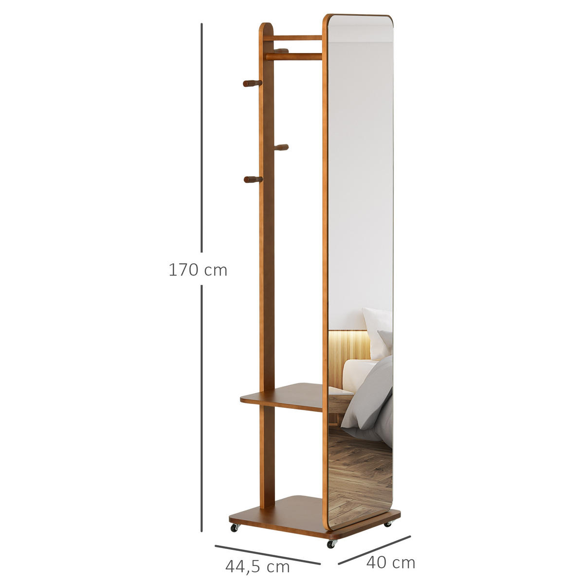 GARDEROBENSPIEGEL DE-17904 mit Rollen, Kleiderstange & 4 Haken Walnuss - Walnussfarben, Holzwerkstoff (44.5/170/40cm) - ComfortXL