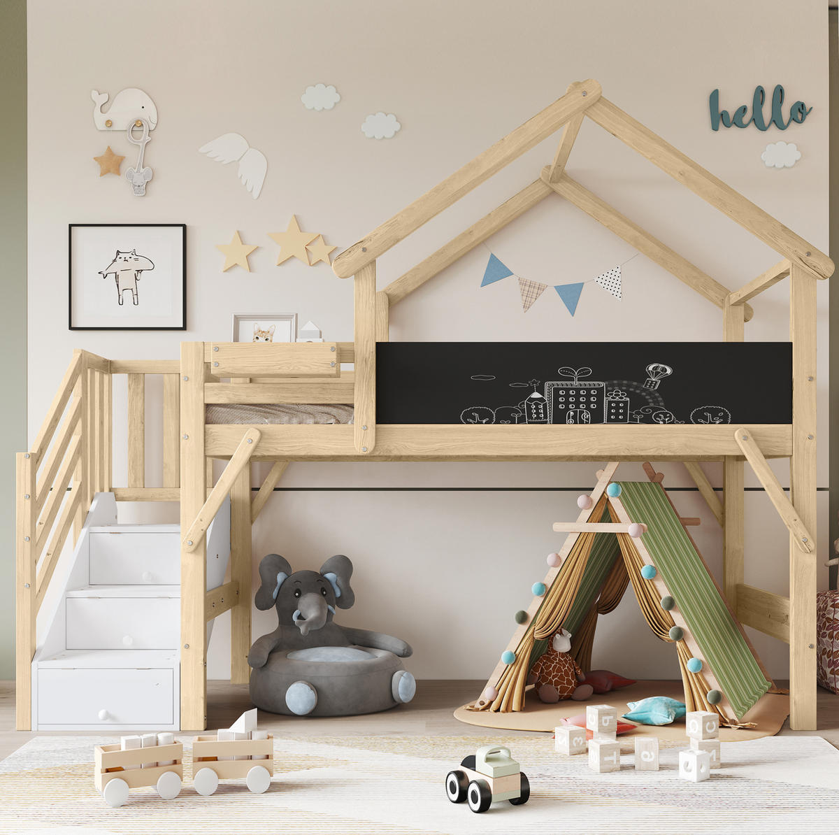 ETAGENBETT aus Holz 90x200 cm Weiß/Natur mit Stauraumtreppe und Kreidetafel - Weiß, Holzwerkstoff (90/200cm) - IVMEU