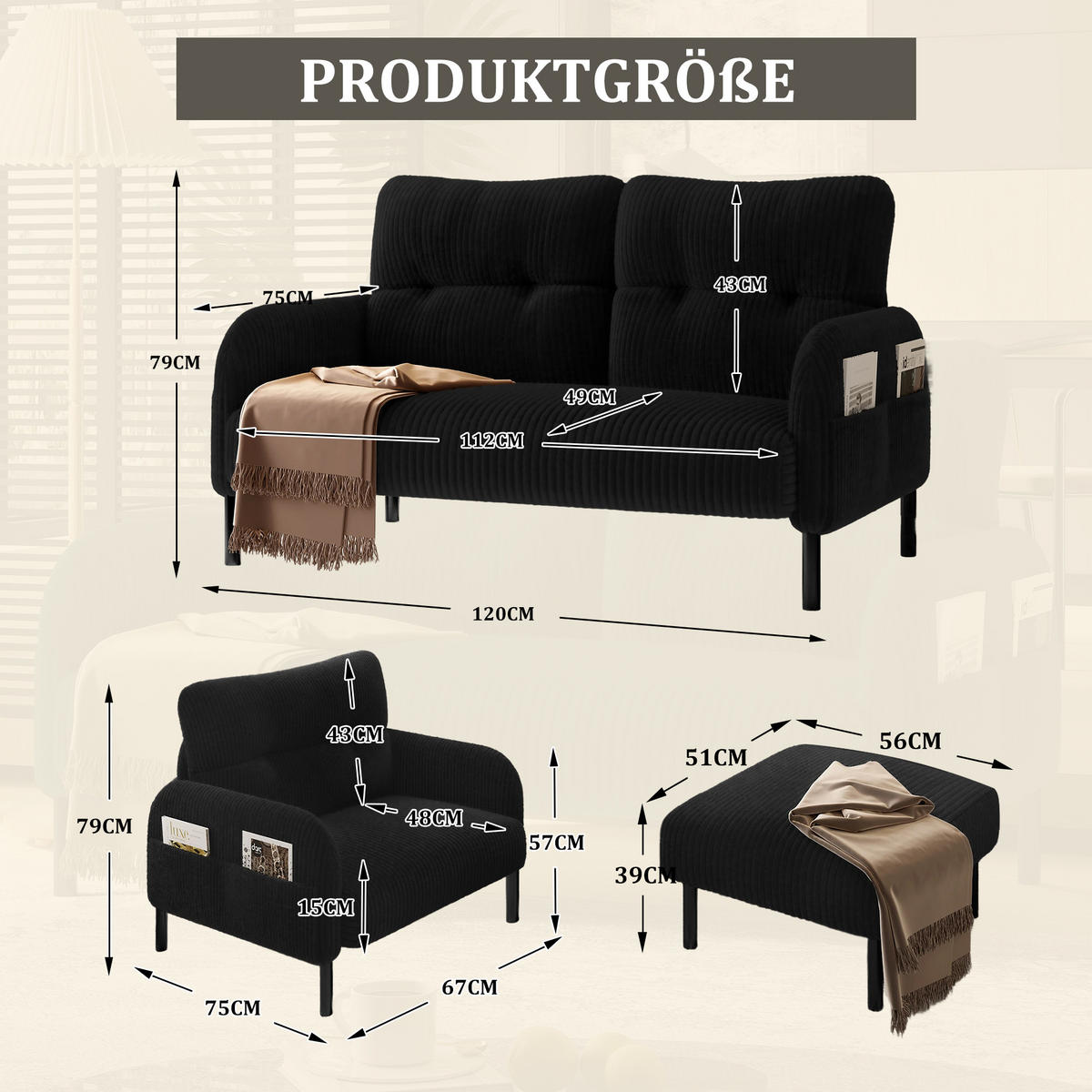 SOFA Set, 2-Sitzer+Sessel+Hocker, Cord, Schwarz - Schwarz, Textil/Metall (120/79/75cm) - LVHOM