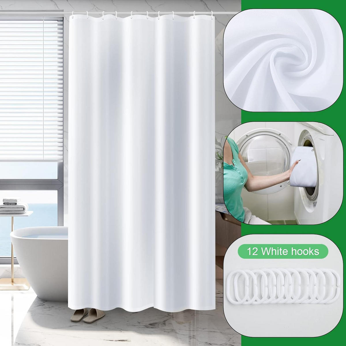 DUSCHVORHANG Stoff schimmelresistent wasserdicht waschbar Weiß mit Haken für Badewanne - Weiß, Textil (180/180cm) - MCBOSON