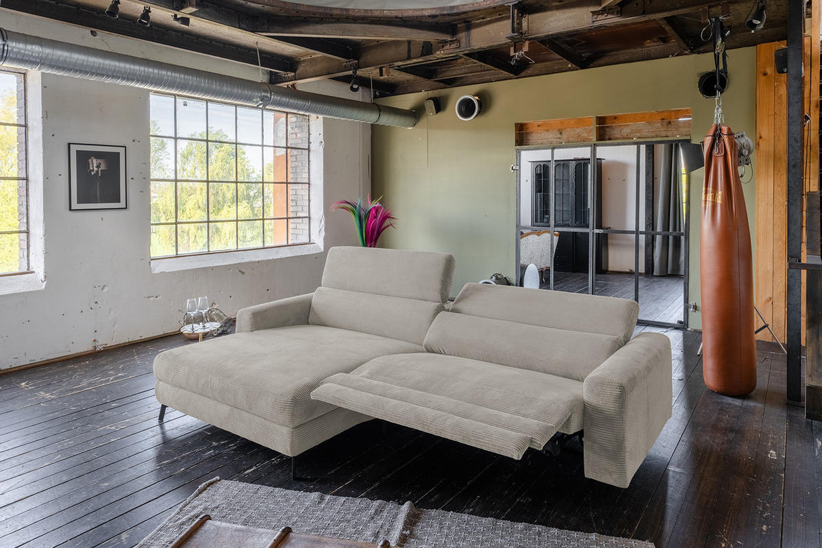 ECKSOFA LAISKA Steingrau Cord Relaxfunktion - Schwarz/Grau, Textil/Metall (282/177cm) - KAWOLA