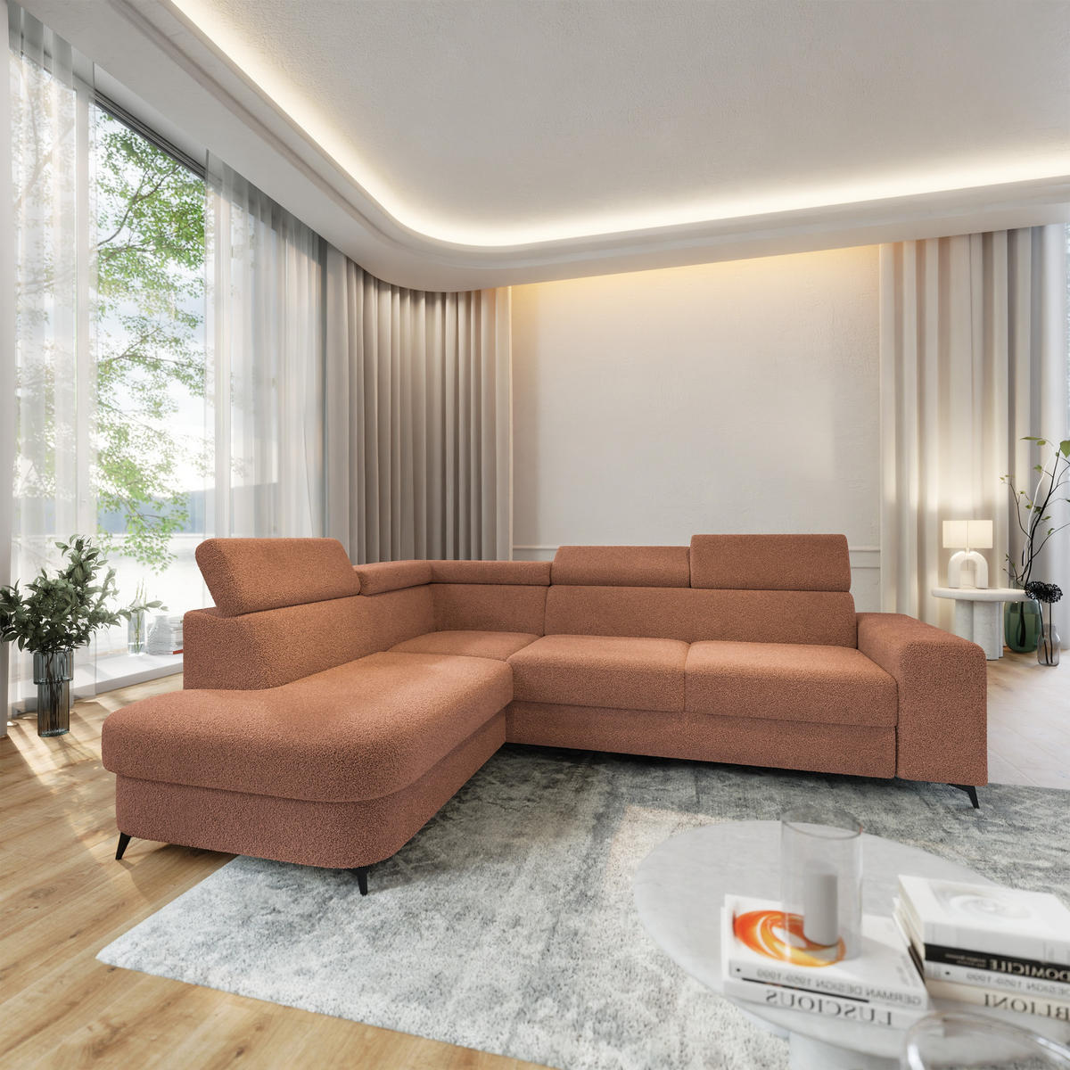 ECKSOFA ALVORO L-S Kupferfarben Boucle-Stoff mit Schlaffunktion - Kupferfarben, Holz (253/190cm) - MASSENO