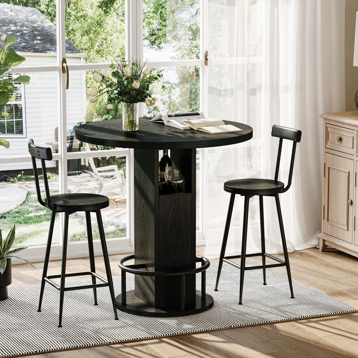 BARTISCH-SET DE-39330 3-teilig, rund, mit 2 Hockern Schwarz - Schwarz, Holzwerkstoff (80/91.5/80cm) - ComfortXL