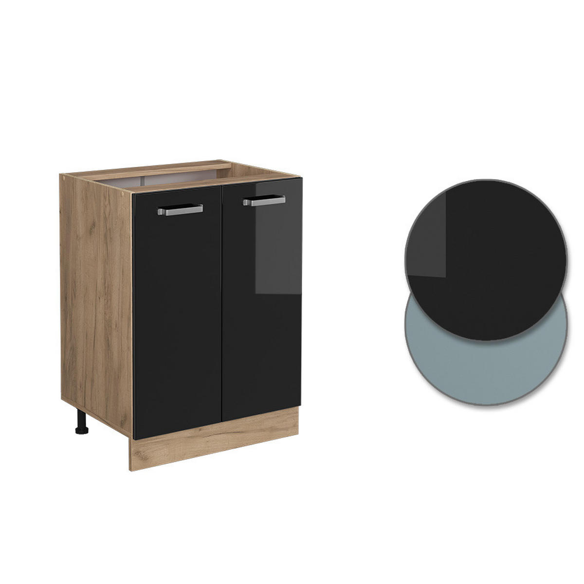 KÜCHENUNTERSCHRANK R-Line Schwarz Hochglanz 60 cm AP Marmor - Schwarz Hochglanz/Eiche Wotan, Holzwerkstoff (60/81.6/60cm) - Vicco