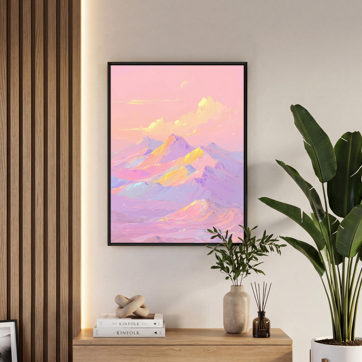 LEINWAND Bilder mit Rahmen - Berggipfel - Wolken - Verträumt - 60x80 - Hellrosa, Textil (60/80cm) - MuchoWow