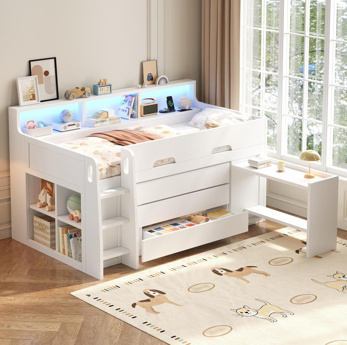 HOCHBETT 90/200 cm, Weiß mit 3 Schubladen, Schreibtisch und LED-Licht - Weiß, Holzwerkstoff (90/200cm) - MIVRAY