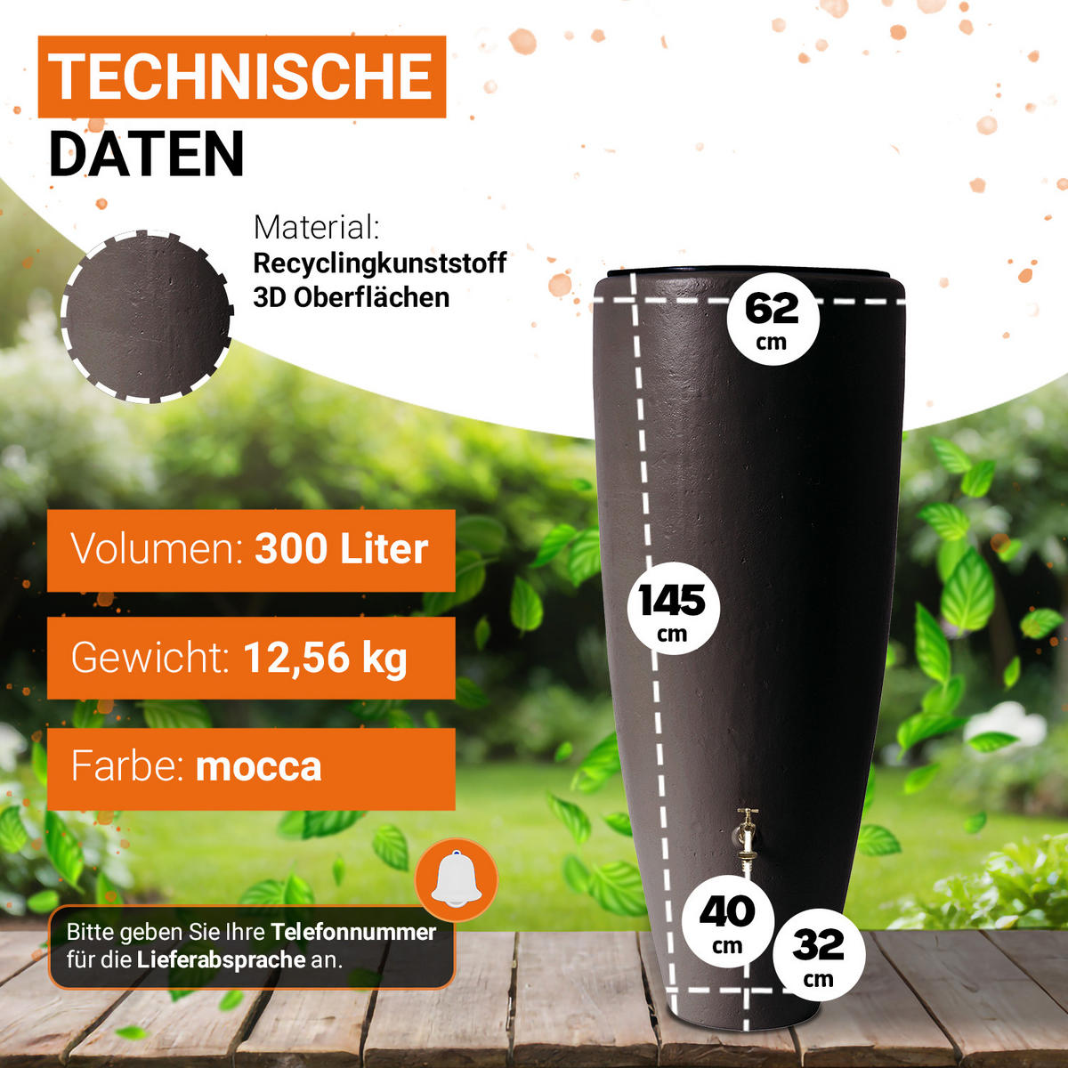 2IN1 Regentonnen Komplett-Set 300 L mocca inkl. Messing-Auslaufhahn und Fallrohranschluss - Mokka, Kunststoff (62/145/62cm) - GARANTIA