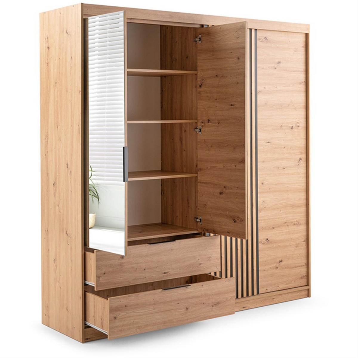 DREHTÜRENSCHRANK Madero mit Spiegel und 2 Schubladen, 203 cm, Weiß - Weiß, Holzwerkstoff (203/213/60cm) - Beautysofa