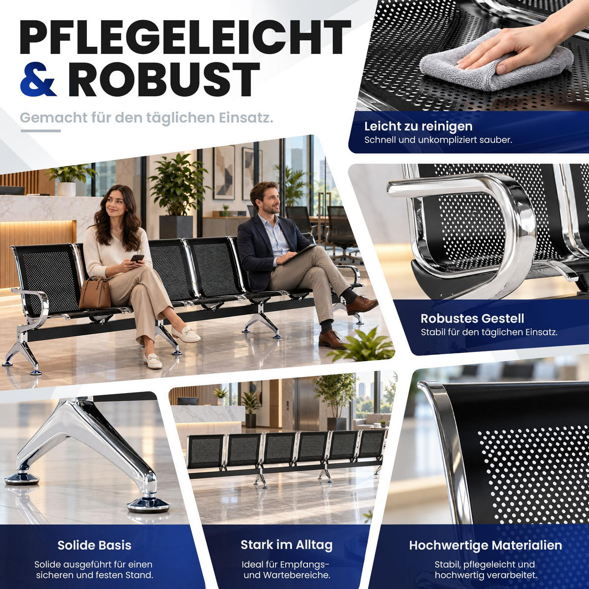 WARTEBANK Metall Schwarz - Chromfarben/Schwarz, Metall (356/77/60cm) - CLP