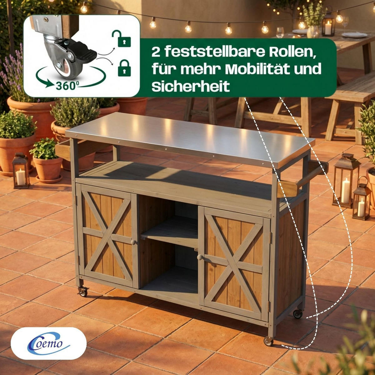 SERVIERWAGEN JAMES mit Rollen Outdoor 138/47/92 cm Farbe Grau - Grau, Holz (47/92/138cm) - Coemo