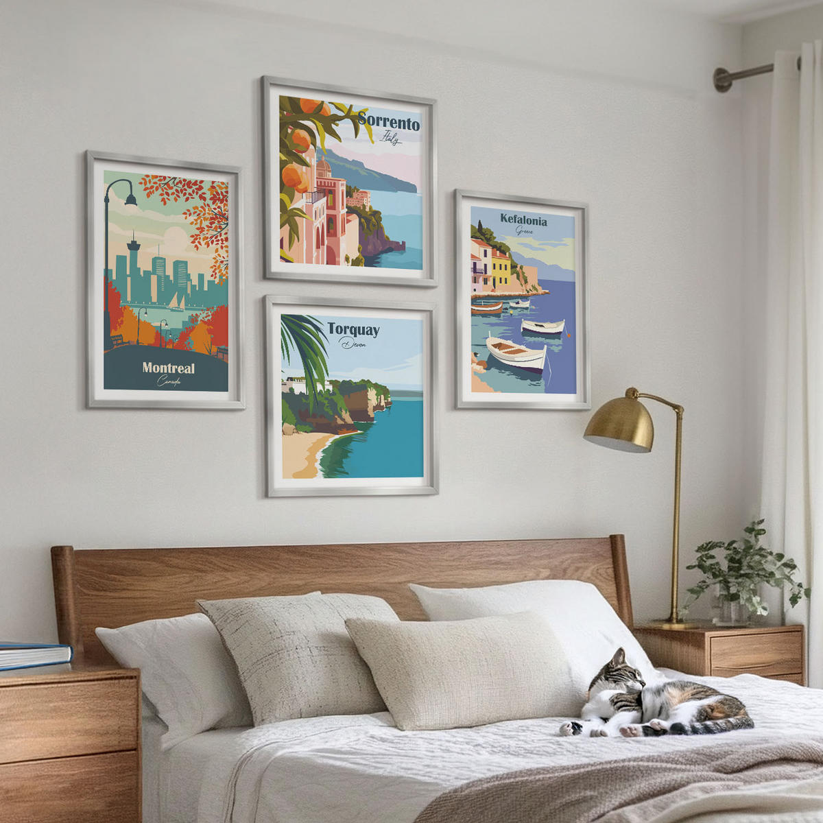 WANDBILDER 4er Set - 50x50 cm & 40x60 cm Silberner Rahmen - Retro-Ansichten von Städten auf der ganzen Welt - Silberfarben, Kunststoff (50/50cm) - ArtPrintCave