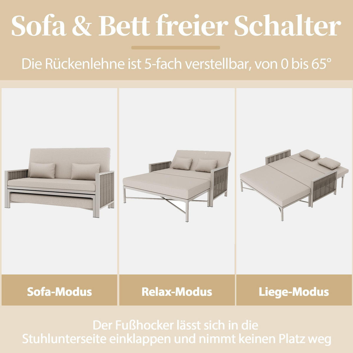 GARTENSOFA Verstellbare Rückenlehne (5-stufig, 0-65°), Khaki + Beige - Beige, Metall (131.5/91/151.3cm) - KOMHTOM