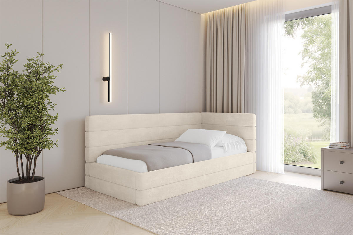 EINZELLBETT Jugendbett mit Bettkasten, Links - BEMY 90x200 Beige - Beige, Holzwerkstoff/Textil (90/200cm) - ALTDECOR