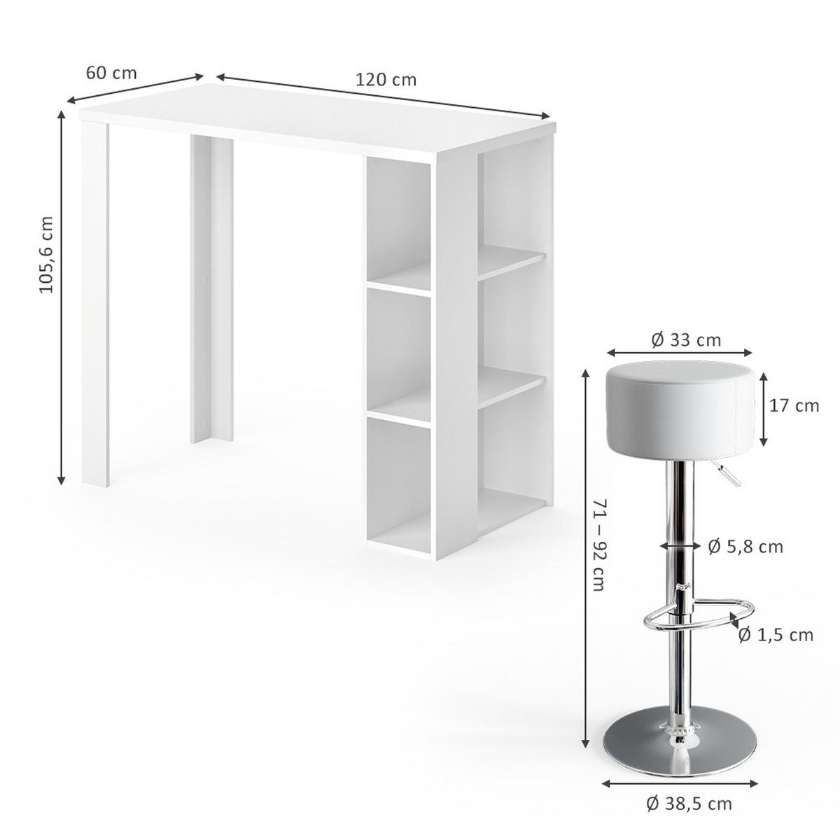 BARTISCH-SET Noel Weiß 120 x 60 cm mit 2 Barhockern - Weiß, Holzwerkstoff (120/105.6/60cm) - Vicco