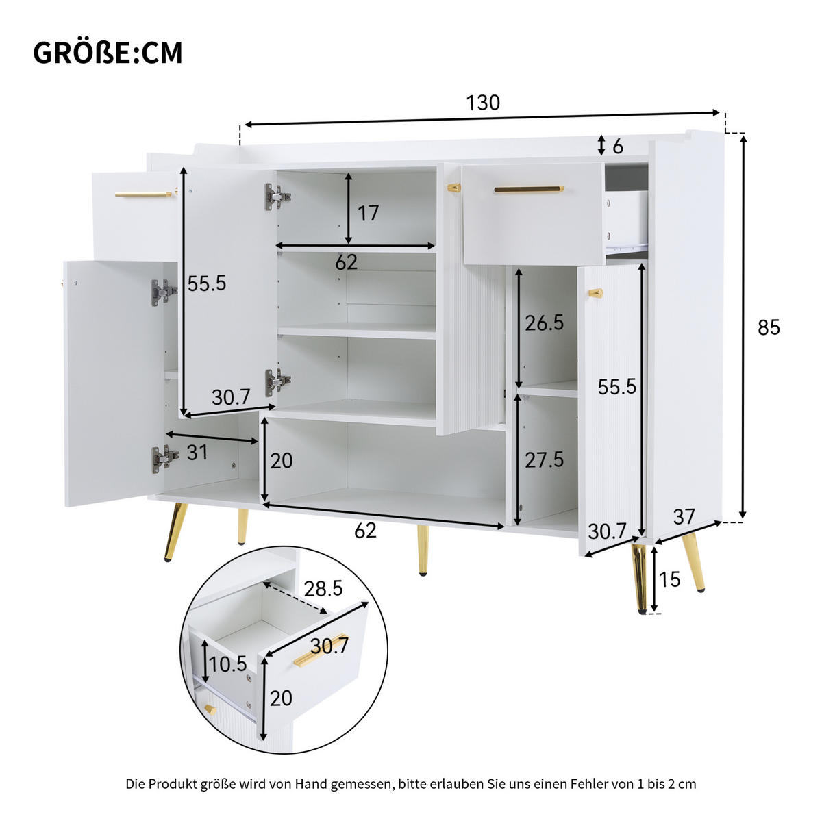 SCHUHSCHRANK 130/37/100 cm in Weiß mit 2 Schubladen und 4 Türen - Weiß, Holzwerkstoff (130/100/37cm) - BEAOK