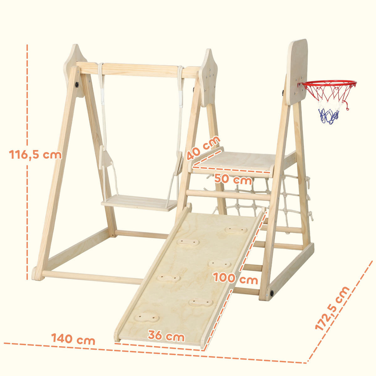 KLETTERGERÜST-MONTESSORI mit Rutsche Schaukel und Basketballkorb - Naturfarben, Holz (133/43/140cm) - AIYAPLAY