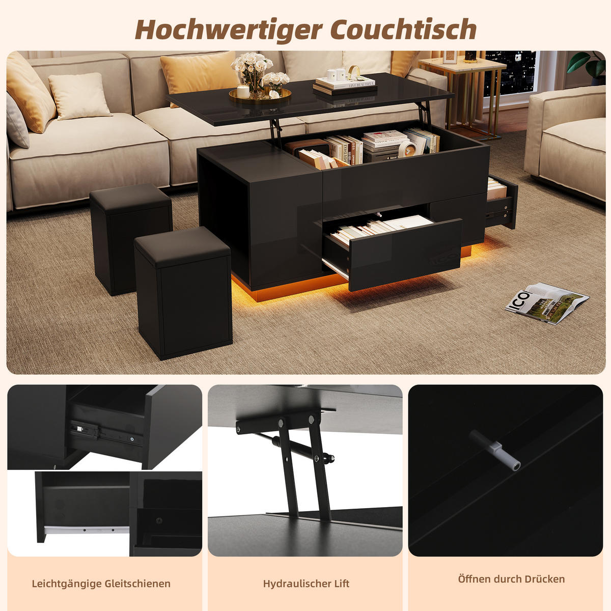 COUCHTISCH in Schwarz mit LED und Schubladen für Wohnzimmer, B100/T50/H45 cm - Schwarz, Holzwerkstoff/Metall (50/100/59cm) - STILVORA