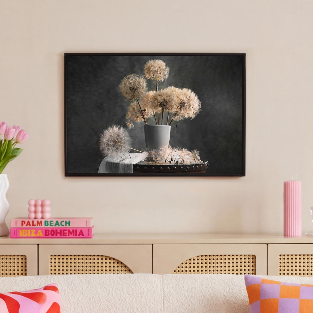 LEINWAND Bilder mit Rahmen - Blumensamen - Löwenzahn - Vase - Stilleben - Blumenstrauß - 60x40 - Dunkelgrau, Textil (60/40cm) - MuchoWow