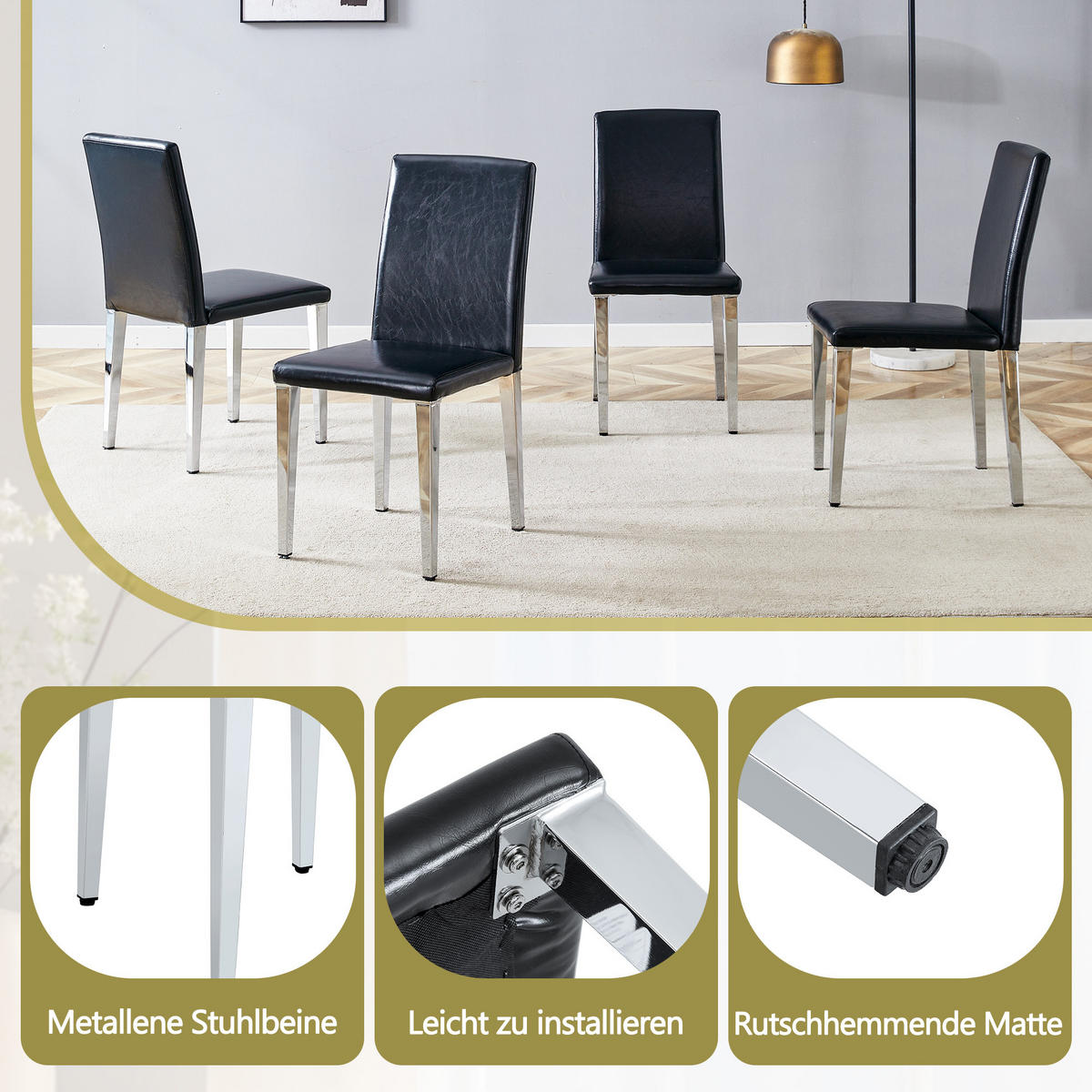 STUHL-SET DE-36600 2 Stück mit PU-Bezug und Metallbeinen Schwarz - Schwarz, Metall (47/90/41cm) - ComfortXL