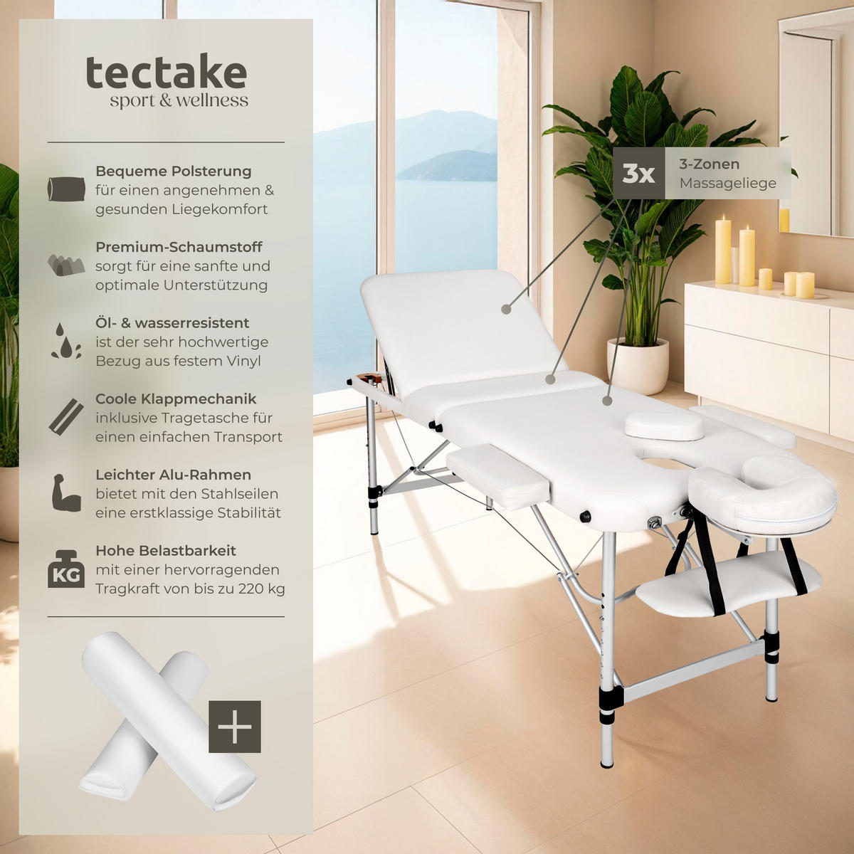 MASSAGELIEGE 3 Zonen, 210 x 95 x 89 cm,weiß - Weiß, Metall (95/89/210cm) - tectake