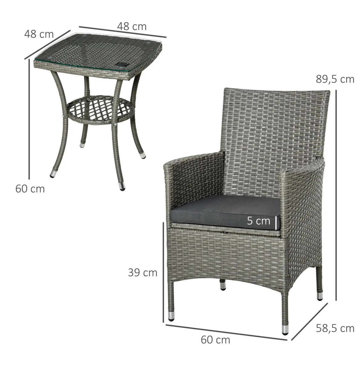 BISTRO set z ratanu 60x58,5x89,5 cm šedé s odkládacím stolkem, polstry - šedá, přírodní materiály - Modfu