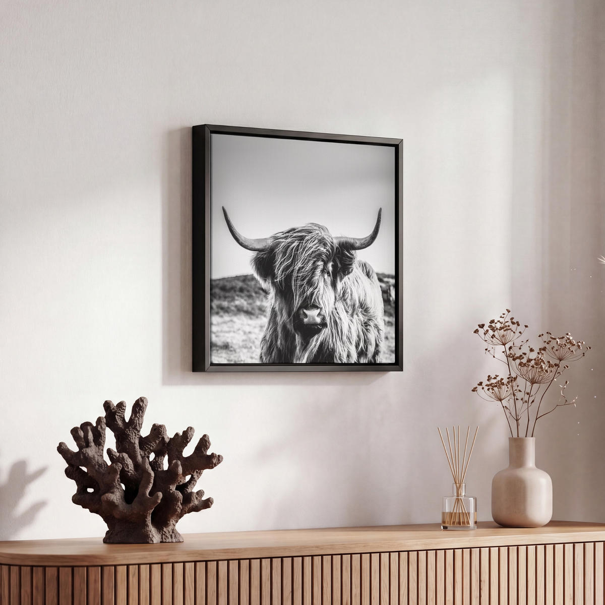 LEINWAND Bilder mit Rahmen - Kuh - Schottischer Hochländer - Schwarz - Weiß - Tier - Natur - Wildtiere - 20x20 - Schwarz, Textil (20/20cm) - MuchoWow