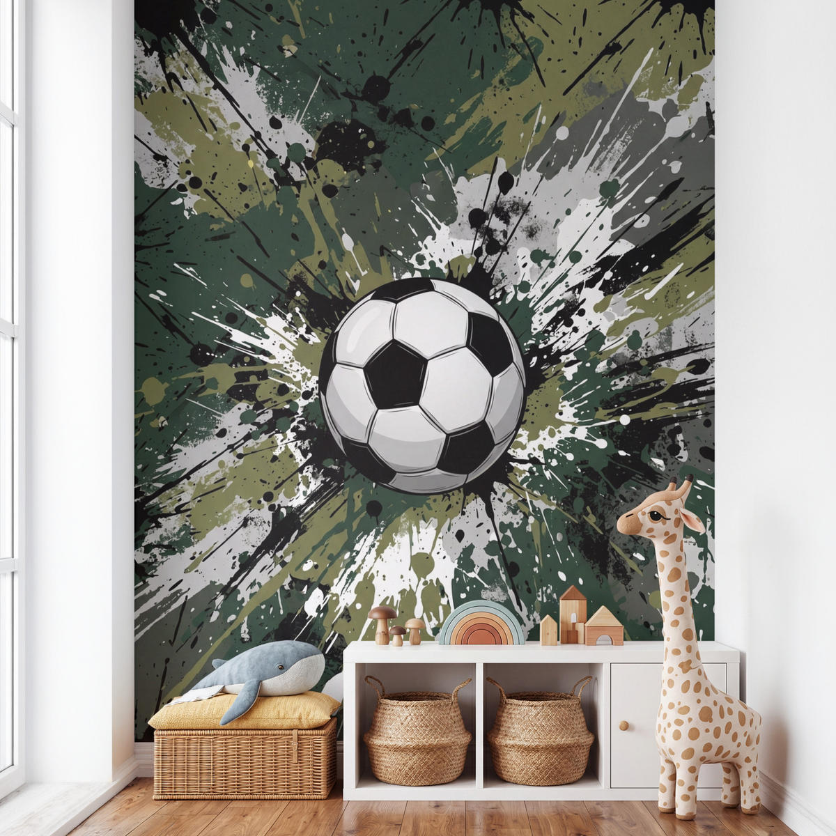 KINDERTAPETE - Fußball - Farbe - Spritzer - Grün - 180x280 cm - Dunkelgrün, Papier (180/280cm) - OnlyWow