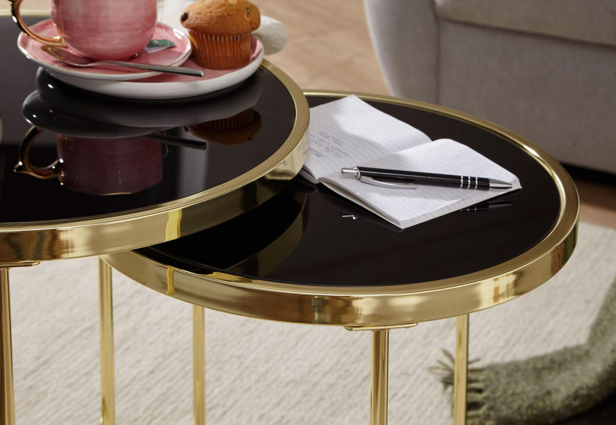 SATZTISCH Set – 2-teilig Metall Hochglanz schwarzes Glas 50/42 cm - Goldfarben/Schwarz, Glas/Metall (50/50/50cm) - KADIMA DESIGN