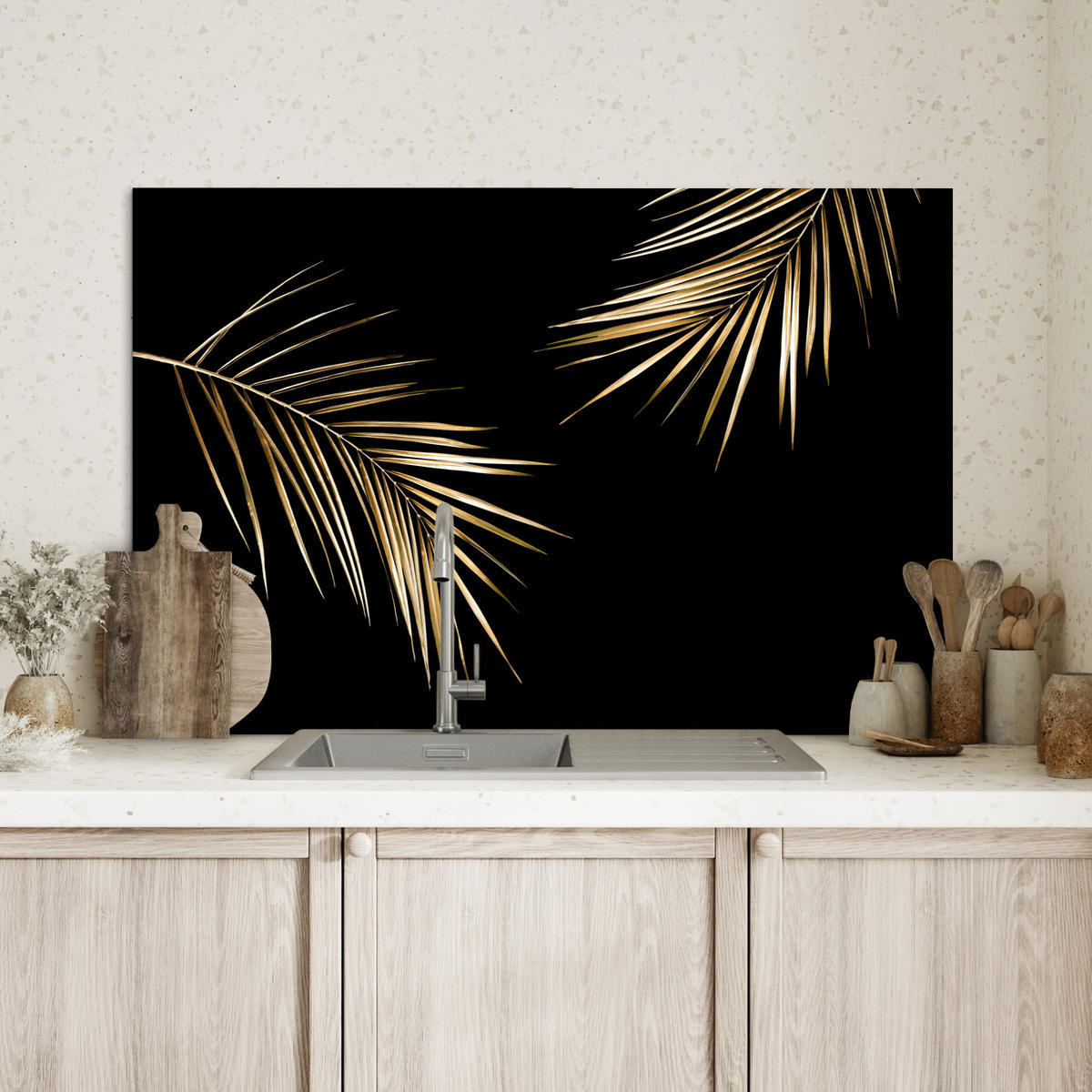 SPRITZSCHUTZ KÜCHE Blätter - Pflanzen - Gold - Schwarz - Luxus 90x60 cm - Goldfarben, Metall (90/0.3/60cm) - MuchoWow