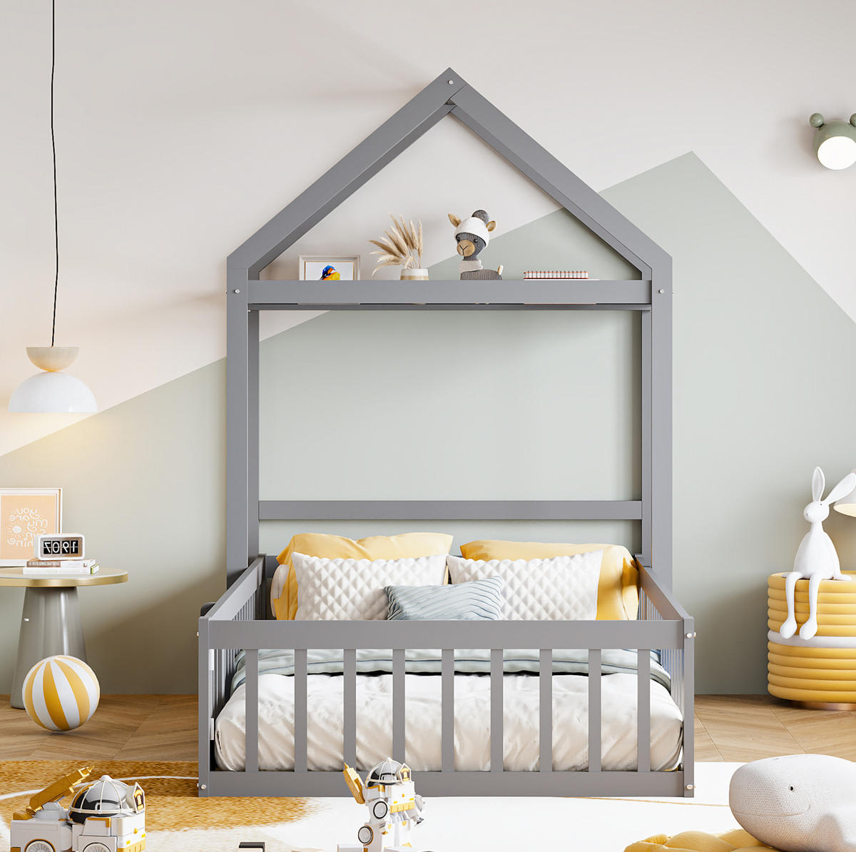 HAUSBETT aus 90x200 cm Grau mit Dach, Stauraum, Tür und Lattenrost - Grau, Holzwerkstoff (90/200cm) - Modfu