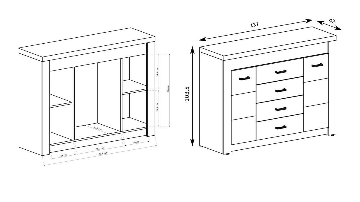 KOMMODE ZERI 137/103,5/42cm mit 4 Schubladen 2 Türen Eiche Bianco - Eiche Bianco, Holzwerkstoff (137/103.5/42cm) - MASSENO