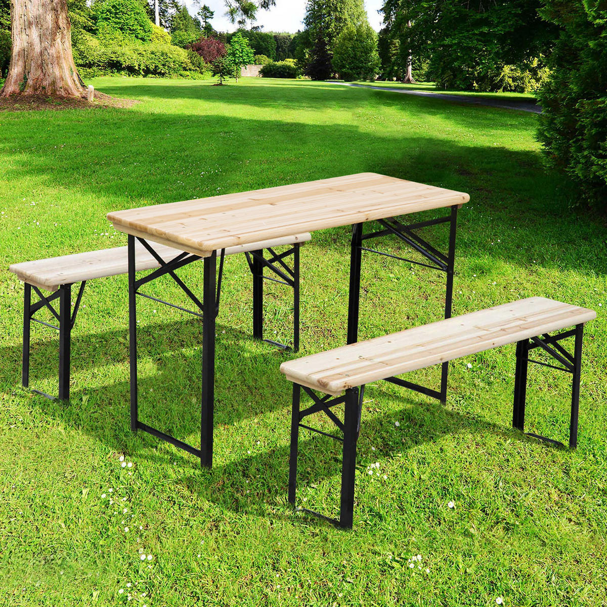 GARTENTISCH-SET DE-14074 klappbar, mit 2 Bänken Schwarz - Naturfarben, Holz - ComfortXL