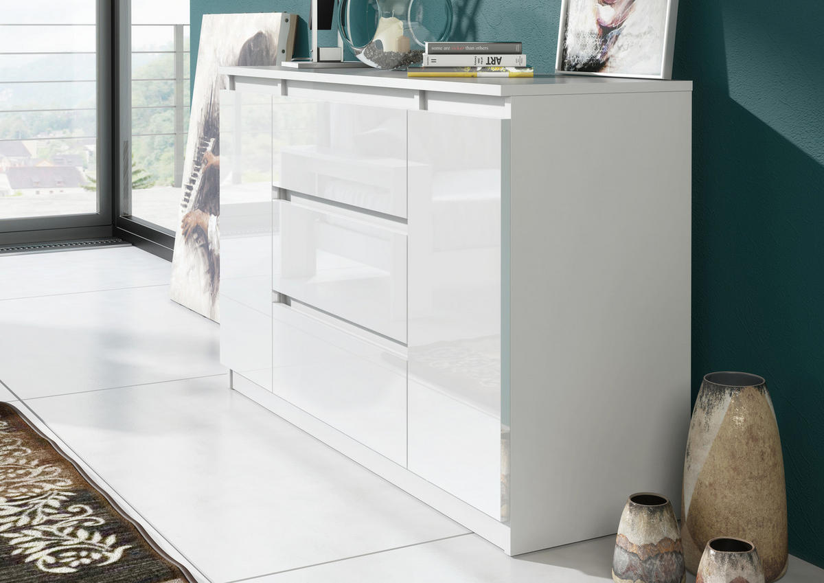 KOMMODE NUDO 120/78,5/39cm mit 3 Schubladen 2 Türen Weiß - Weiß Hochglanz/Weiß, Holzwerkstoff (120/78.5/39cm) - MASSENO