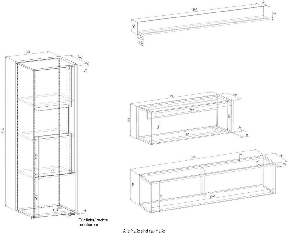 WOHNWAND grau matt, Eiche Wotan 320 cm, Wohnkombination mit Sekretär - Eiche Wotan/Grau, Glas/Holzwerkstoff (320/170/40cm) - Furn.Design