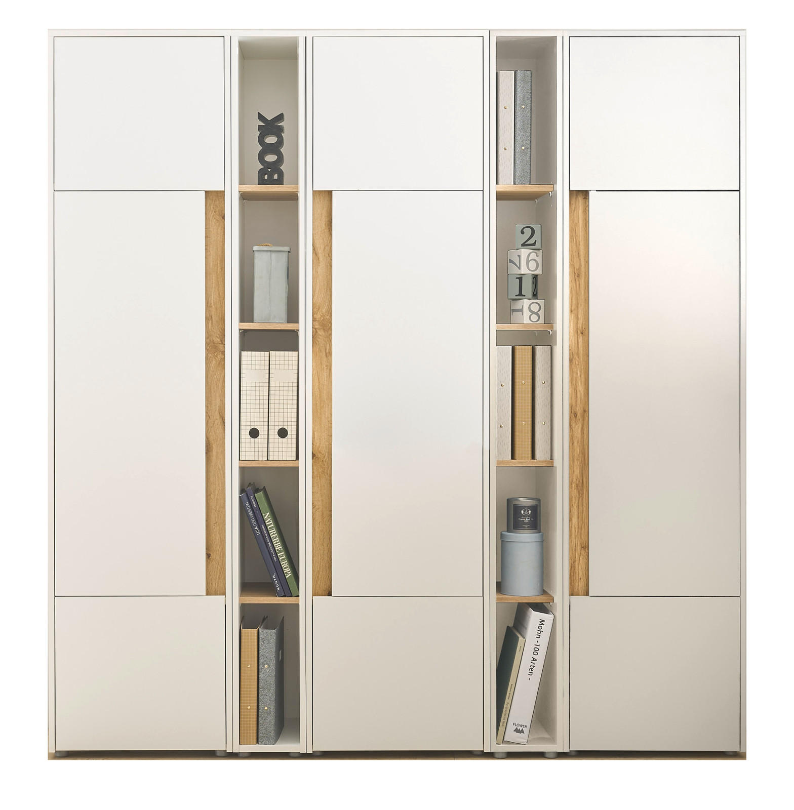 AKTENSCHRANK Set 5-teilig weiß matt, Eiche Wotan 190 x 200 cm, Schrank-Regal-Kombination mit 25 Fächern - Eichefarben/Silberfarben, Holz/Holzwerkstoff (190/200/40cm) - Furn.Design